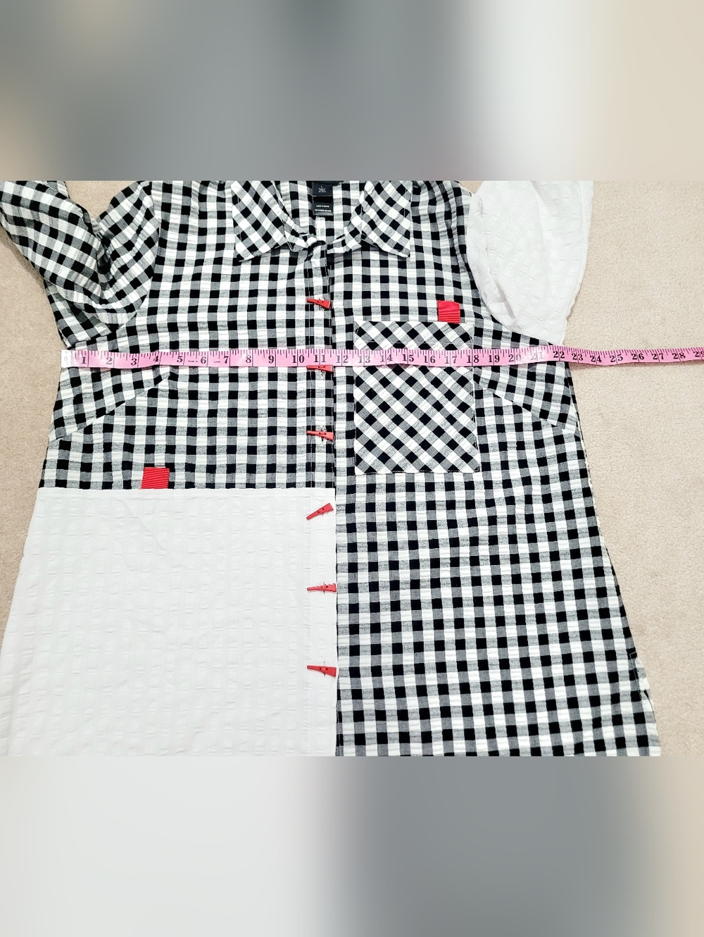 Ali Miles Large Black White Gingham Patchwork Tunic Shirt Artsy Button Top Fun - Picture 10 of 15